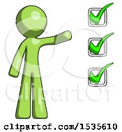 Poster, Art Print Of Green Design Mascot Man Standing By List Of Checkmarks