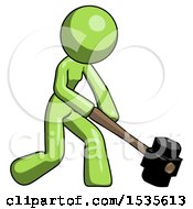 Poster, Art Print Of Green Design Mascot Woman Hitting With Sledgehammer Or Smashing Something At Angle