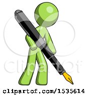 Green Design Mascot Man Drawing Or Writing With Large Calligraphy Pen