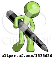 Green Design Mascot Man Writing With A Really Big Pen