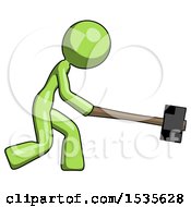 Poster, Art Print Of Green Design Mascot Woman Hitting With Sledgehammer Or Smashing Something