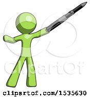Green Design Mascot Man Demonstrating That Indeed The Pen Is Mightier