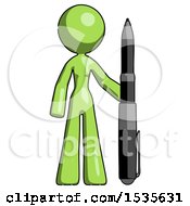 Green Design Mascot Woman Holding Large Pen
