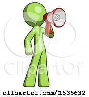 Poster, Art Print Of Green Design Mascot Man Shouting Into Megaphone Bullhorn Facing Right