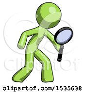 Poster, Art Print Of Green Design Mascot Man Inspecting With Large Magnifying Glass Right