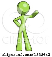 Green Design Mascot Woman Waving Left Arm With Hand On Hip
