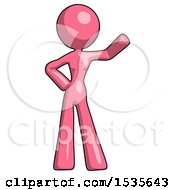 Pink Design Mascot Woman Waving Left Arm With Hand On Hip