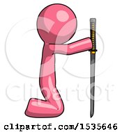 Pink Design Mascot Man Kneeling With Ninja Sword Katana Showing Respect