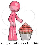 Poster, Art Print Of Pink Design Mascot Man With Giant Cupcake Dessert
