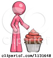 Poster, Art Print Of Pink Design Mascot Woman With Giant Cupcake Dessert