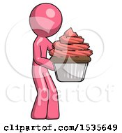 Pink Design Mascot Man Holding Large Cupcake Ready To Eat Or Serve