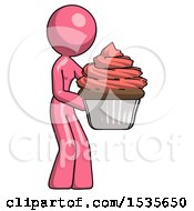 Pink Design Mascot Woman Holding Large Cupcake Ready To Eat Or Serve