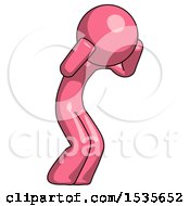 Pink Design Mascot Man With Headache Or Covering Ears Turned To His Right
