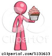 Pink Design Mascot Woman Presenting Pink Cupcake To Viewer