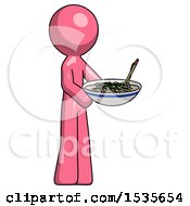 Pink Design Mascot Man Holding Noodles Offering To Viewer
