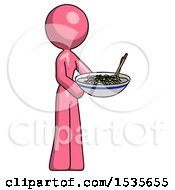 Pink Design Mascot Woman Holding Noodles Offering To Viewer