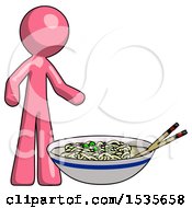 Poster, Art Print Of Pink Design Mascot Man And Noodle Bowl Giant Soup Restaraunt Concept