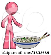 Pink Design Mascot Woman And Noodle Bowl Giant Soup Restaraunt Concept