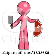 Pink Design Mascot Man Holding Large Steak With Butcher Knife