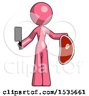 Pink Design Mascot Woman Holding Large Steak With Butcher Knife
