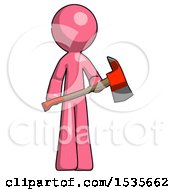 Pink Design Mascot Man Holding Red Fire Fighters Ax