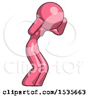 Poster, Art Print Of Pink Design Mascot Woman With Headache Or Covering Ears Facing Turned To Her Right