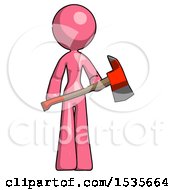 Pink Design Mascot Woman Holding Red Fire Fighters Ax