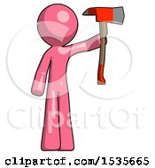 Poster, Art Print Of Pink Design Mascot Man Holding Up Red Firefighters Ax