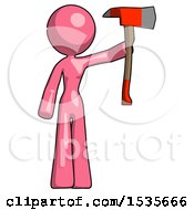 Poster, Art Print Of Pink Design Mascot Woman Holding Up Red Firefighters Ax