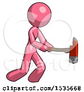 Pink Design Mascot Woman With Ax Hitting Striking Or Chopping