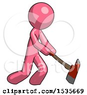 Pink Design Mascot Man Striking With A Red Firefighters Ax