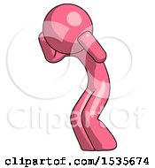 Pink Design Mascot Man With Headache Or Covering Ears Turned To His Left