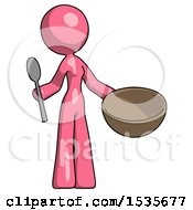 Pink Design Mascot Woman With Empty Bowl And Spoon Ready To Make Something