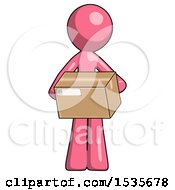 Pink Design Mascot Man Holding Box Sent Or Arriving In Mail