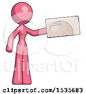 Pink Design Mascot Woman Holding Large Envelope