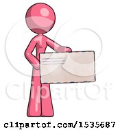 Pink Design Mascot Woman Presenting Large Envelope