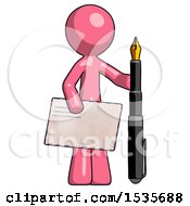 Pink Design Mascot Man Holding Large Envelope And Calligraphy Pen