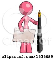 Poster, Art Print Of Pink Design Mascot Woman Holding Large Envelope And Calligraphy Pen