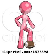 Poster, Art Print Of Pink Design Mascot Woman Standing With Foot On Football