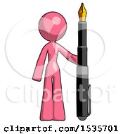 Pink Design Mascot Woman Holding Giant Calligraphy Pen