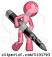 Pink Design Mascot Woman Writing With A Huge Pen