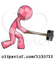 Pink Design Mascot Man Hitting With Sledgehammer Or Smashing Something