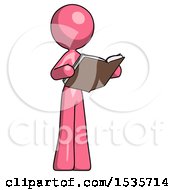 Poster, Art Print Of Pink Design Mascot Woman Reading Book While Standing Up Facing Away