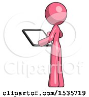 Poster, Art Print Of Pink Design Mascot Woman Looking At Tablet Device Computer With Back To Viewer