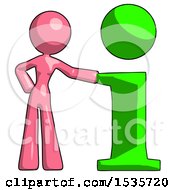 Poster, Art Print Of Pink Design Mascot Woman With Info Symbol Leaning Up Against It