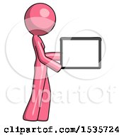 Poster, Art Print Of Pink Design Mascot Woman Show Tablet Device Computer To Viewer Blank Area