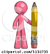 Pink Design Mascot Man With Large Pencil Standing Ready To Write