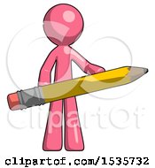 Pink Design Mascot Man Writer Or Blogger Holding Large Pencil