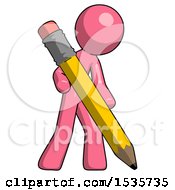 Pink Design Mascot Man Writing With Large Pencil