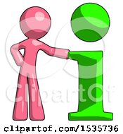 Poster, Art Print Of Pink Design Mascot Man With Info Symbol Leaning Up Against It
